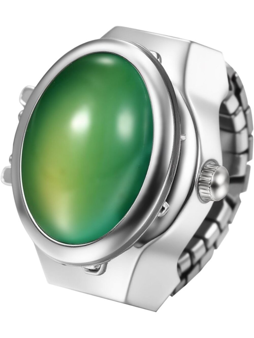 Unisex Silver And Green Analog Elastic Band Stainless Steel Stretchy Ring Watch